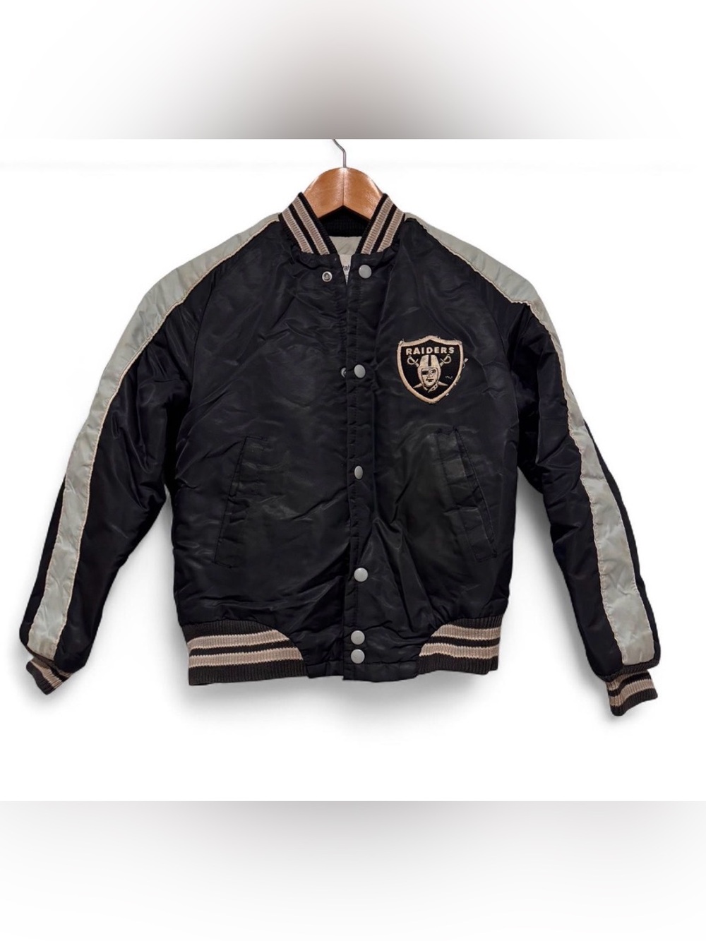 Rare Vintage 80s Stahl-Urban NFL Los Angeles Raiders Black Satin Bomber Kids 14